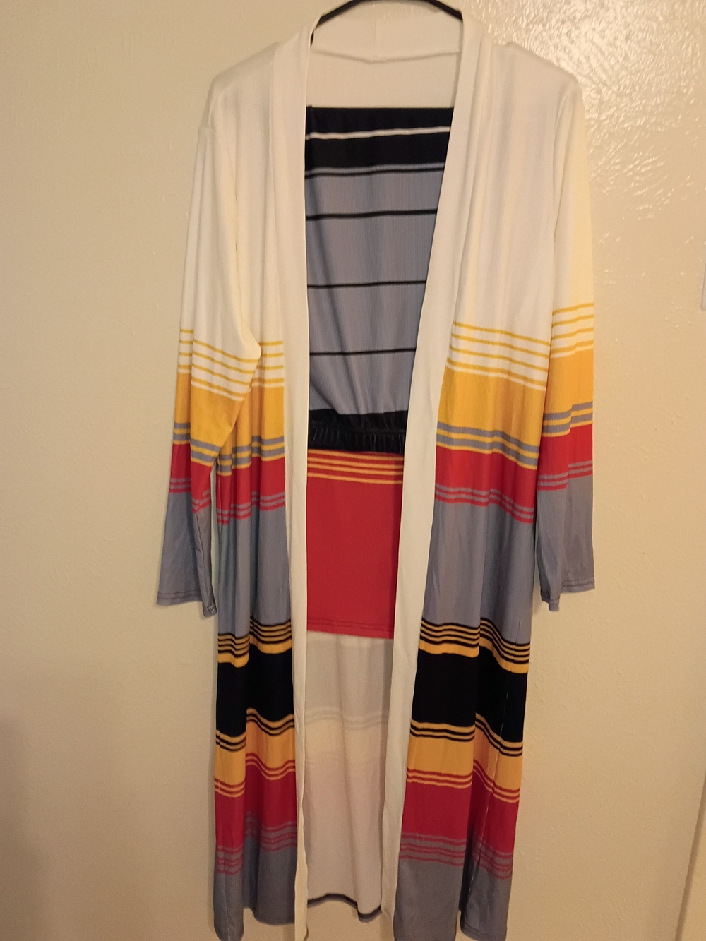 Striped Open-Front Duster Cardigan - White with Yellow, Red & Blue Stripes
